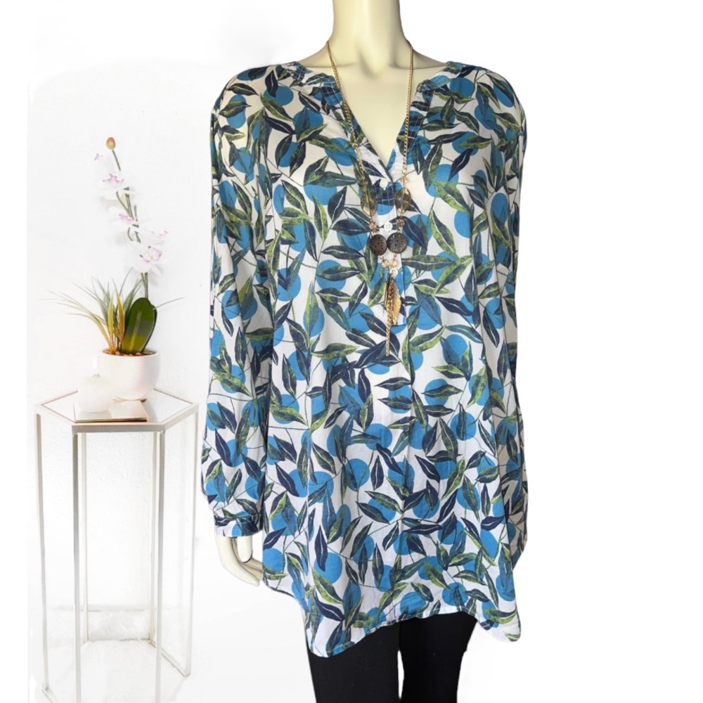 Simply Emma | 100% Cotton | Long Sleeve| Button Down Top |Tropical Blouse V-Neck